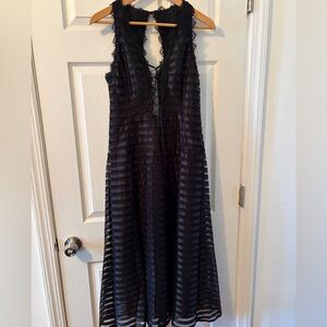 Nanette Lepore Black Backless Lace-Up Striped Fit-and-Flare Dress